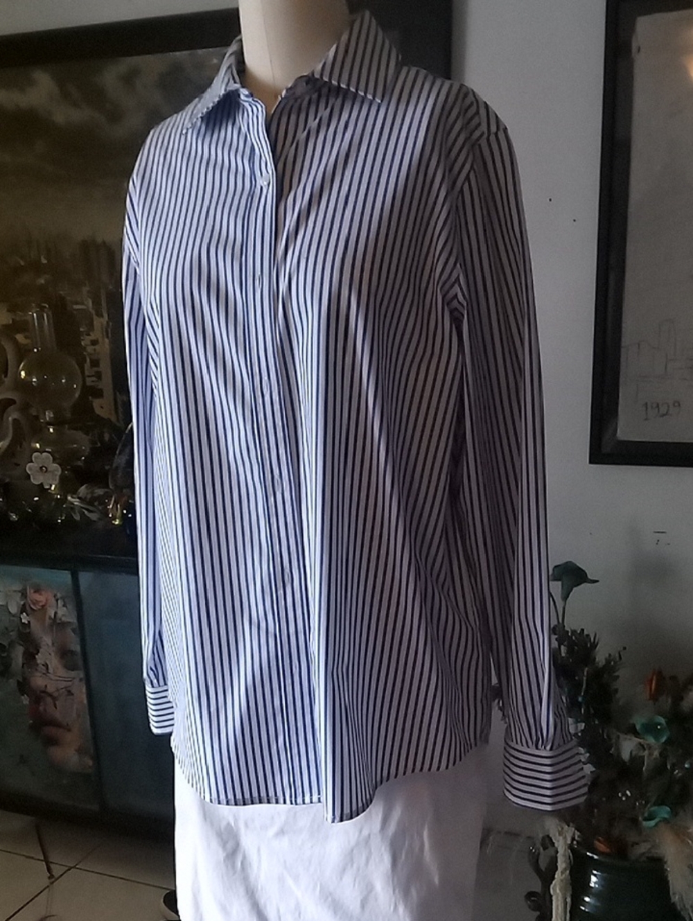 Woman Long-Sleeve Navy and White Stripe Dress Shirt
